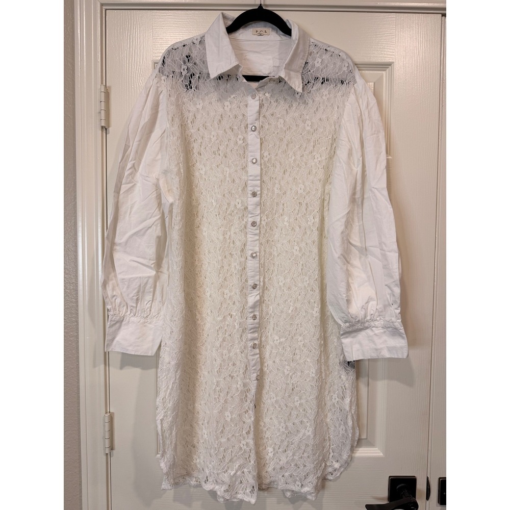 #B8 POL Lace Overlay Button Down Shirt Dress Women Large White Excellent FWT342